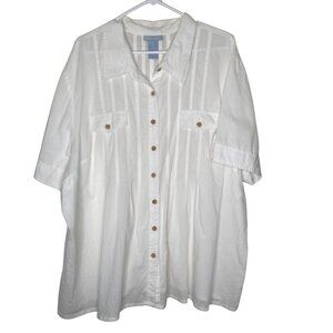 Liz & Me White Cotton Button-Up Shirt 3X 26/28W Short Sleeve Casual Tunic With F